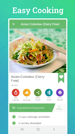 Asian Coleslaw recipe details with ingredients list, calorie counter, and cooking instructions