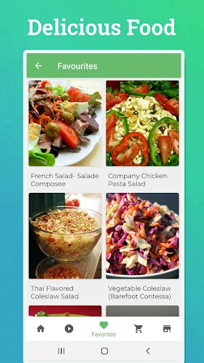 Favorites screen displaying saved salad recipes including French salad, chicken pasta, and coleslaw