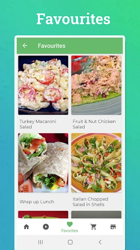 Favorites collection showing turkey macaroni salad, chicken salad wraps, and Italian chopped salad
