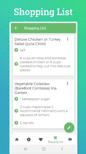Shopping list feature with ingredients for chicken salad and vegetable coleslaw recipes
