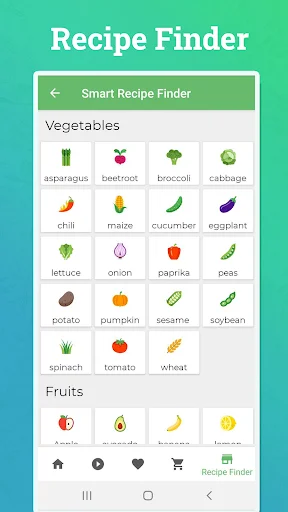 Recipe finder with smart search using vegetable and fruit icons including lettuce, tomato, avocado