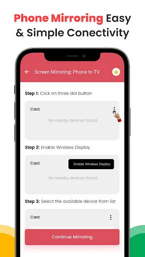 Phone Mirroring setup screen with three-step connectivity process: enable three dot menu, activate Wireless Display, and select available casting device