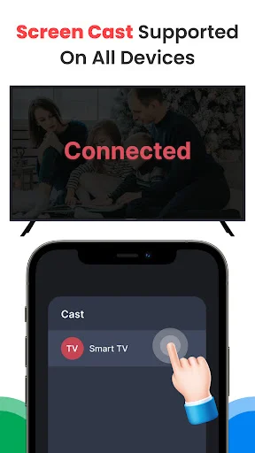 Connected screen cast interface showing Smart TV connection status with smartphone casting option visible and successful TV mirroring indicated