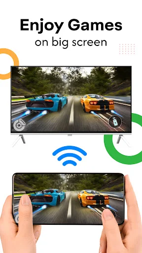 Mobile Game Casting: Racing game displayed on TV and phone simultaneously showing wireless screen mirroring capability