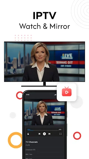 IPTV Streaming and Mirroring: TV channels interface with live broadcast content synchronized between connected devices
