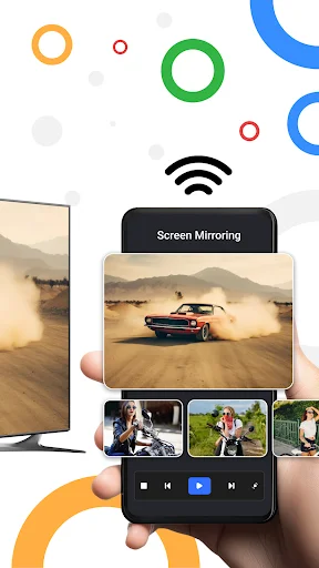 Screen mirroring app interface with phone casting car video to TV and media playback controls shown
