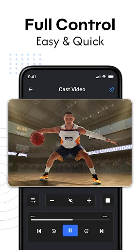 Full control video casting interface showing basketball player video with easy playback controls