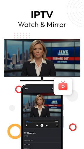 IPTV watch and mirror feature showing news broadcast streaming from phone to television screen