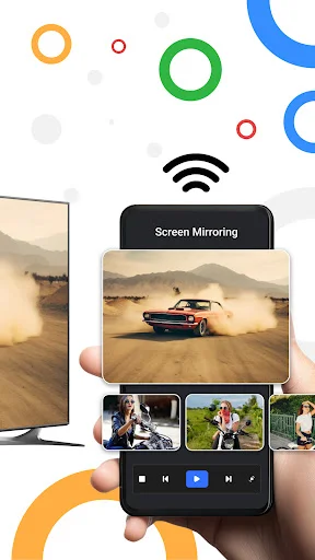 Screen Mirroring Interface: WiFi-enabled mobile device mirroring with video content, media controls, and photo gallery