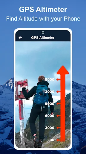 GPS Altimeter app showing hiker on mountain with altitude measurement scale from 0 to 16000 feet displayed