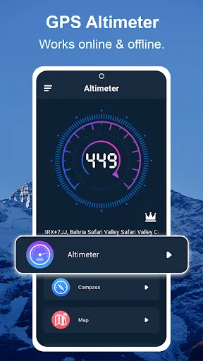 GPS Altimeter main screen with circular altitude gauge showing 449 meters with menu options for Altimeter, Compass, Map