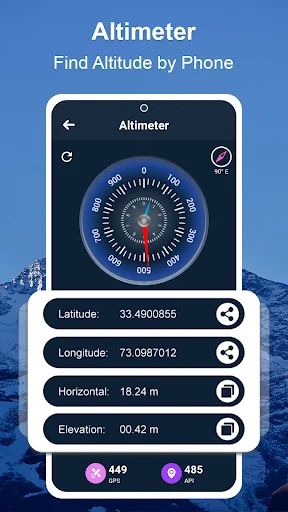 Altimeter screen displaying compass with coordinates showing latitude 33.4900855, longitude -73.0987012, elevation data
