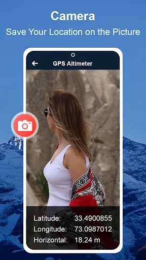 Camera feature to save location on photos showing latitude, longitude, horizontal data overlay on portrait image