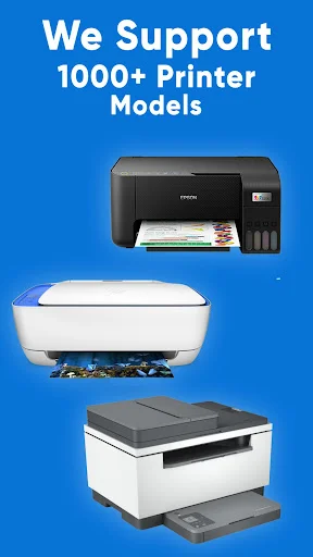 Smart Printer app supporting 1000+ printer models including Epson, HP, and Canon displayed on blue background