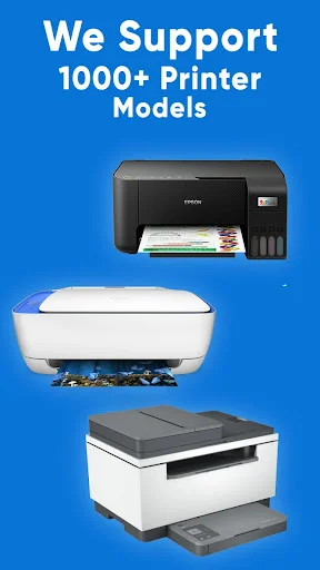 Smart Printer app supporting 1000+ printer models including Epson, HP, and Canon on blue background
