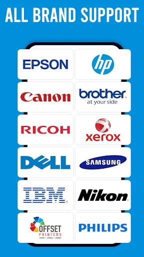 Printer brand compatibility list displaying Epson, HP, Canon, Brother, Ricoh, Xerox, Dell, Samsung logos