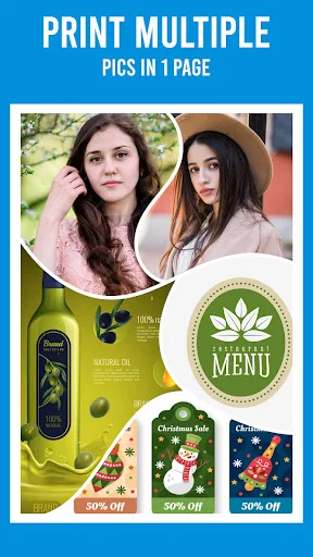 Multi-photo page printing feature with collage template showing portraits and promotional graphics layout