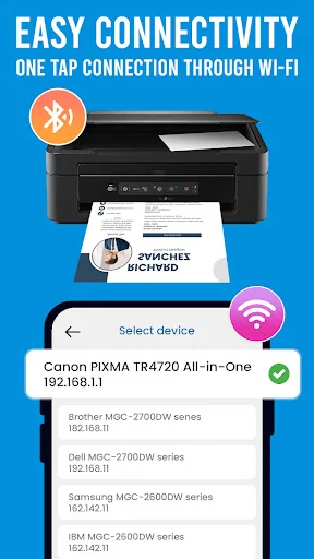 Wi-Fi printer connection interface with one-tap setup and printer selection menu for Canon and Brother