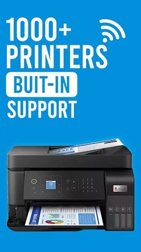 1000+ printers built-in support feature with wireless connectivity icon and multi-function printer device
