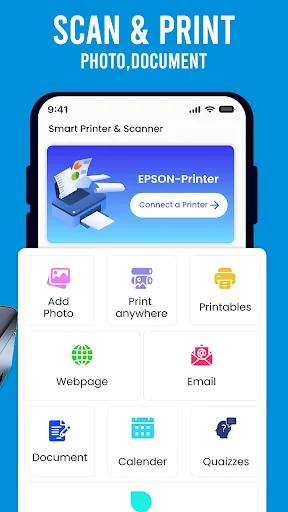 Smart Printer & Scanner app home screen showing print options: photos, documents, webpages, email, and calendars