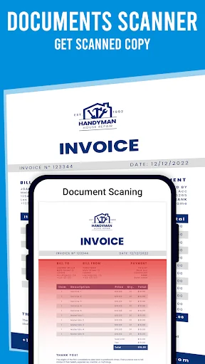 Document scanner feature capturing invoice with scanned copy preview on mobile phone screen