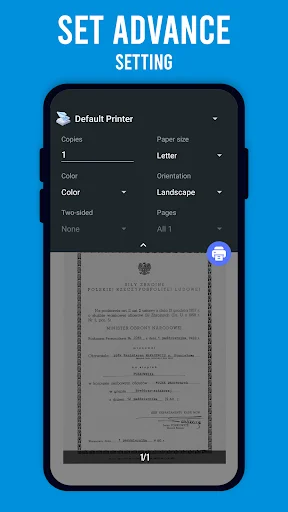 Advanced print settings screen with options for copies, paper size, color, orientation, and page selection