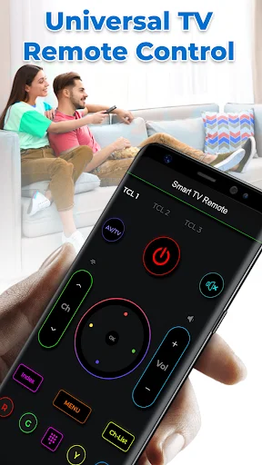 Universal TV Remote Control app interface showing smart remote on phone with couple watching TV in living room