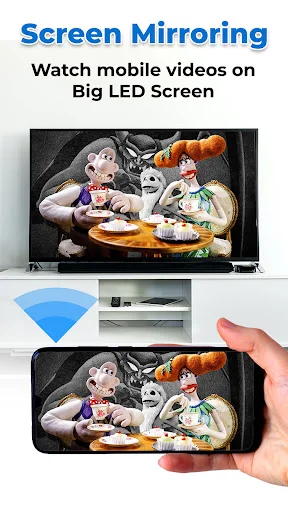 Screen Mirroring demonstration casting mobile videos to large LED television screen via WiFi connection