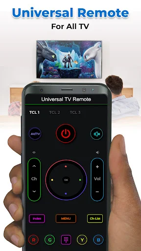 Universal TV Remote app interface displaying navigation controls and power button for all TV brands