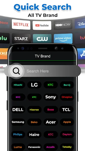 Quick Search feature displaying major TV brands like Samsung, LG, Sony with streaming service logos and search bar