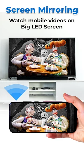 Screen Mirroring feature showing mobile content casting to big LED TV screen wirelessly from smartphone