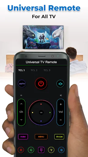 Universal Remote interface for all TV brands with power button, navigation pad, and volume controls on smartphone