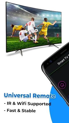 Universal Remote app showing IR and WiFi support for controlling smart TV displaying live sports broadcast