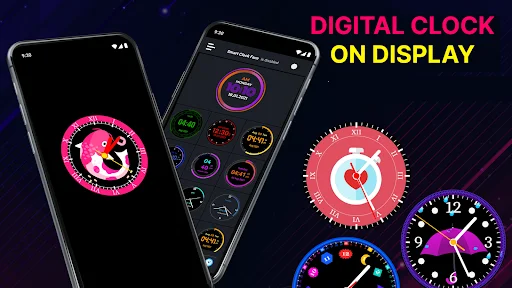 Neon Digital Clock app showcasing colorful clock face designs on phone display with analog and digital styles