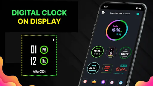 Digital clock on display feature showing minimalist green neon time interface and colorful widget gallery