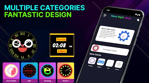 Multiple clock categories with animated, LED, analog, and smart designs in Neon Night Clock app interface