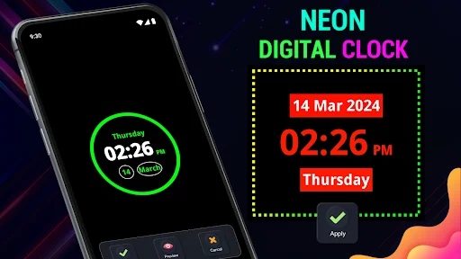 Neon digital clock displaying red time and date with Thursday March 14 2024 in customizable widget format
