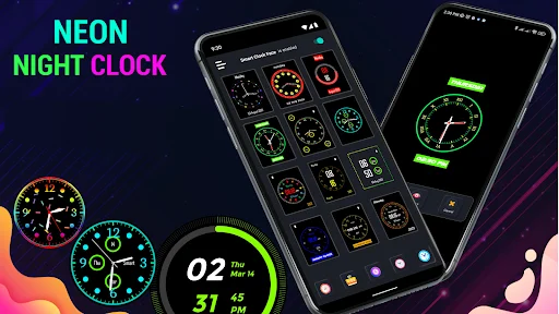 Neon night clock app gallery showing various glowing analog clock faces in green, orange, and blue styles