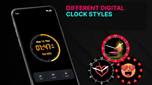 Different digital clock styles featuring analog and emoji clock faces with colorful neon design options