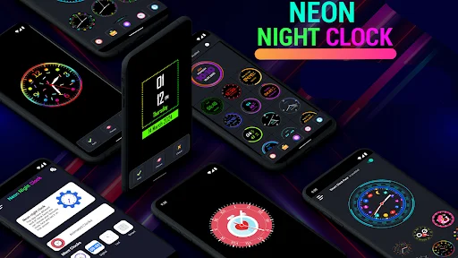 Neon night clock app overview displaying multiple phone screens with diverse clock widget styles and colors