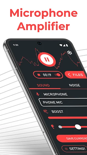 Microphone Amplifier app main screen with sound wave visualization, pause button, timer, and audio boost controls