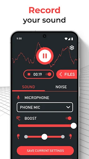 Active sound recording interface with 19-second timer, mic selector, boost control, and save settings button