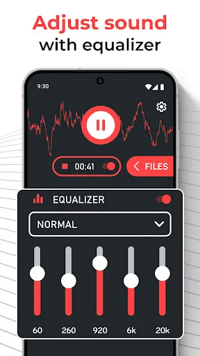 Sound equalizer adjustment panel with 5 frequency sliders and Normal preset for audio customization