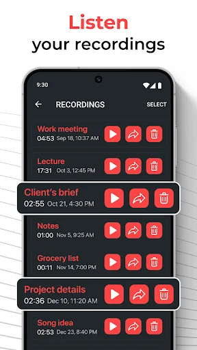 Recordings library with labeled audio files including Work meeting, Lecture, Notes, and management controls