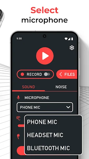 Select microphone screen showing dropdown menu with Phone Mic, Headset Mic, and Bluetooth Mic input options