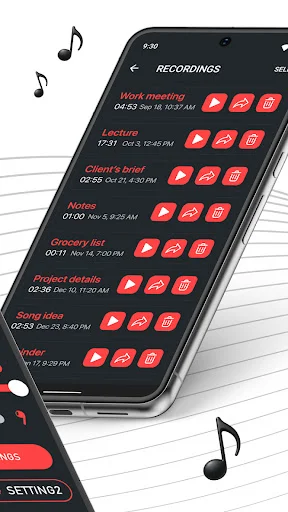 Audio recordings manager showing multiple saved files with play, share, and trash icons for each recording