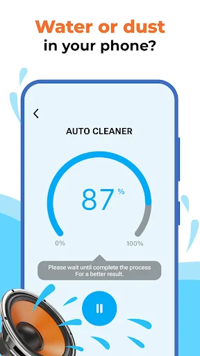 Auto Cleaner mode showing 87% water and dust detection progress circle with pause button for speaker cleaning process