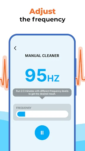 Manual Cleaner frequency adjustment screen displaying 95Hz audio frequency level with slider control and pause button