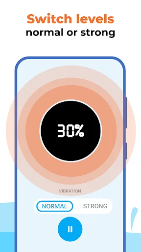 Vibration cleaning mode selector showing 30% intensity level with Normal and Strong vibration options toggle buttons