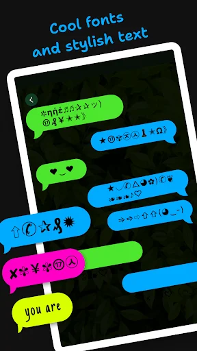 Chat Style app showing colorful message bubbles with decorative fonts and special character symbols